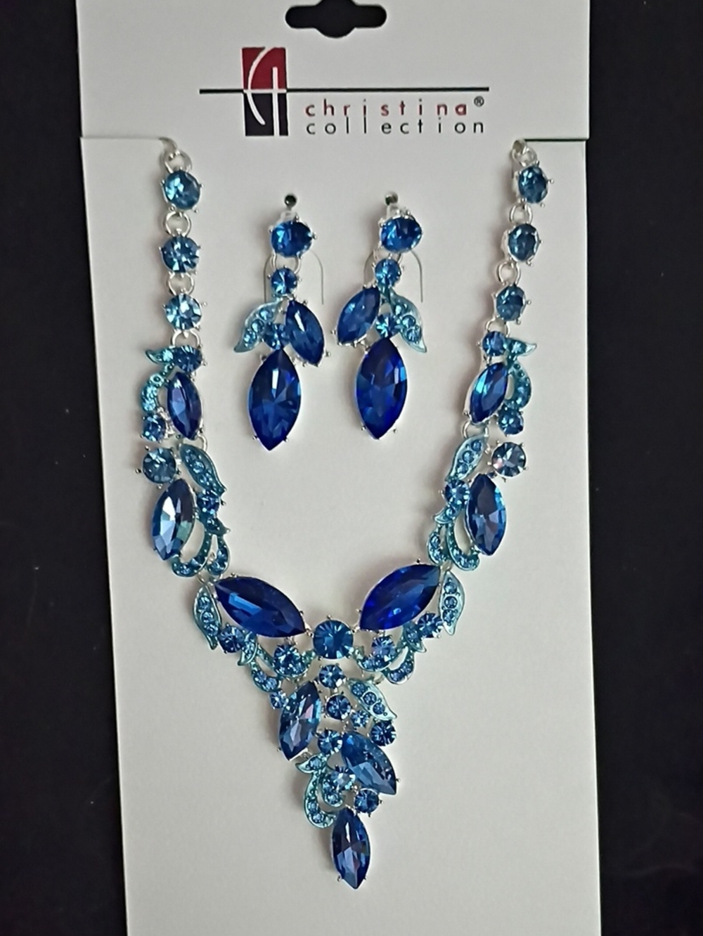 Christina Collection Blue Crystal Statement Necklace & Earring Set